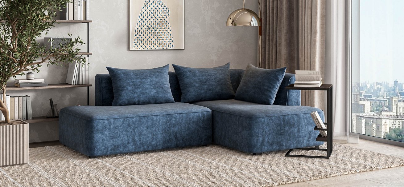 Кинг Твин угловой диван Велюр Роял синий правый