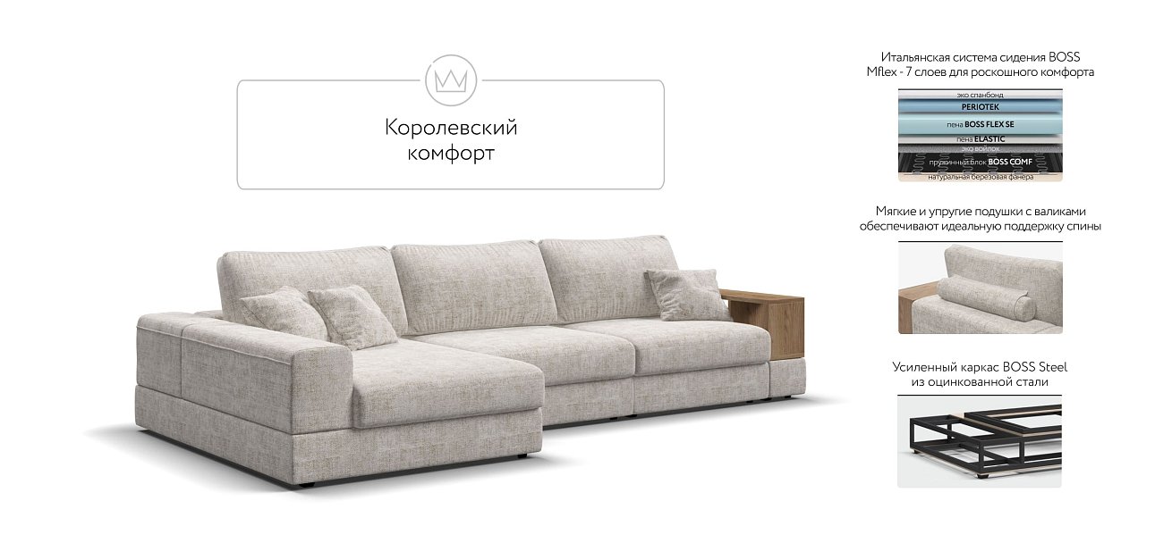 Угловой диван-кровать Босс Модуль XL левый, полка справа, Шенилл Смарт кварц