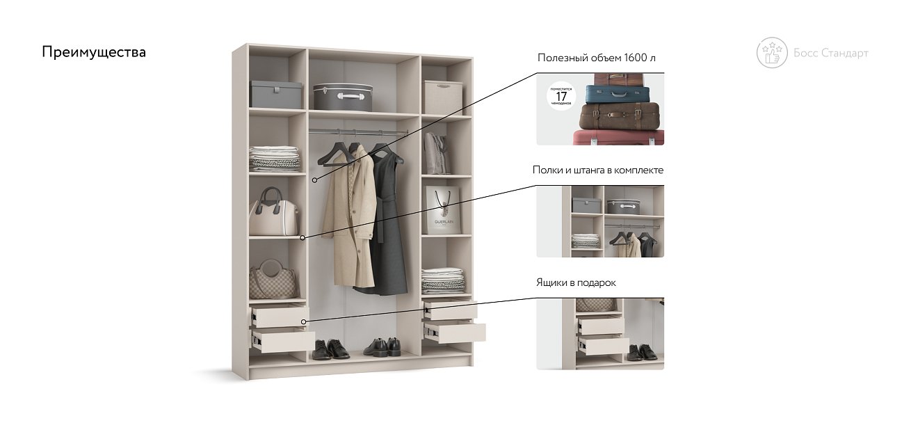 Босс Стандарт 160*220 шкаф распашной 4Д + ящики Кашемир