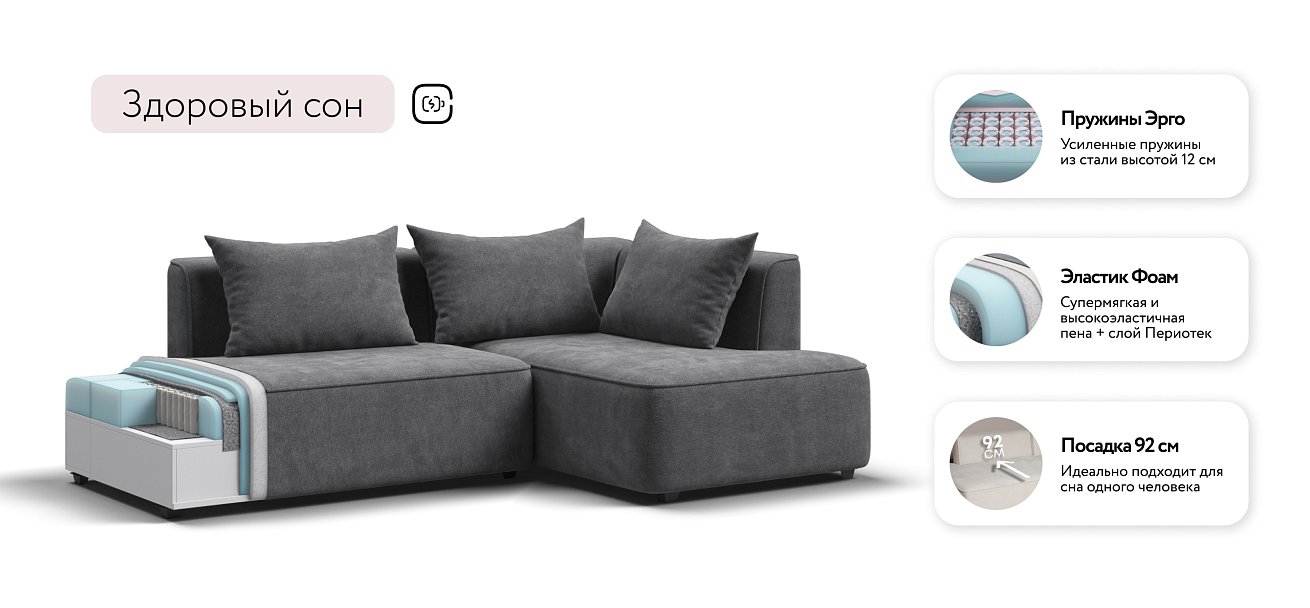 Кинг Твин угловой диван Шенилл Клауд графит правый