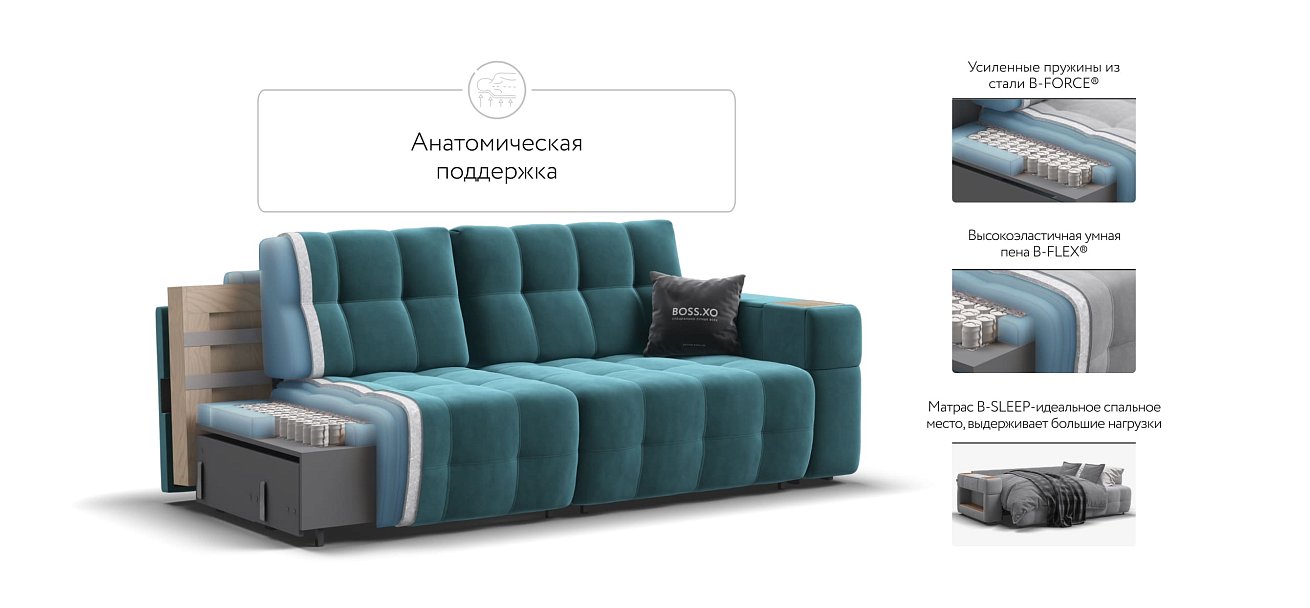 Диван BOSS.XO велюр Monolit зеленый / WOOD Snow