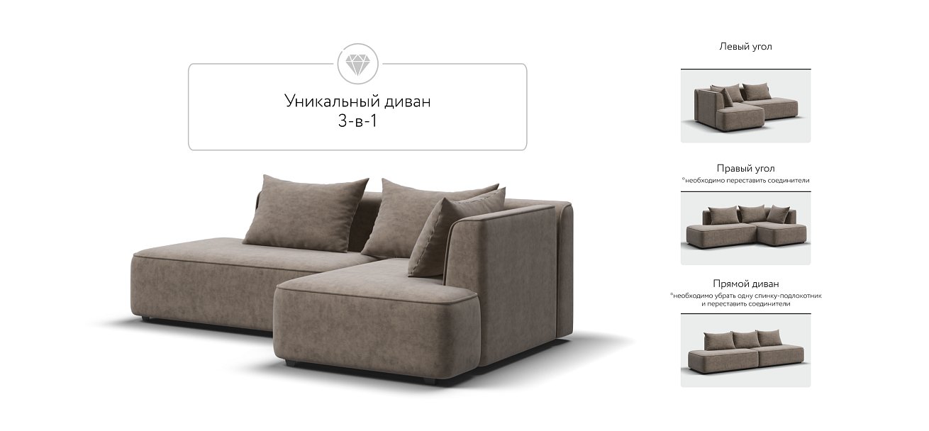 Кинг Твин угловой диван Велюр Роял тауп правый