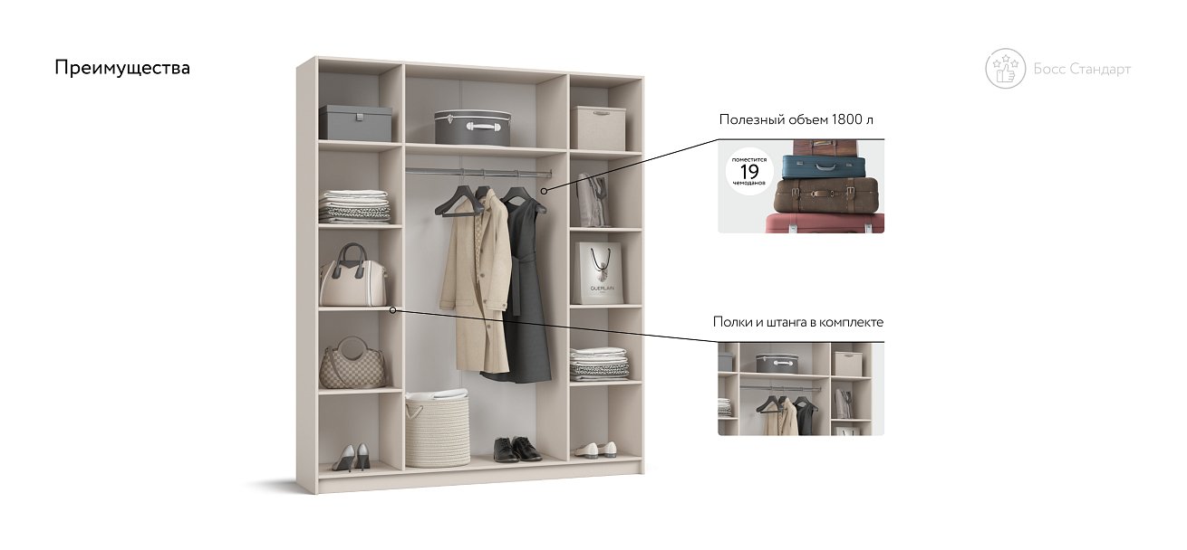 Босс Стандарт 180*220 шкаф распашной 4Д + ящики Кашемир