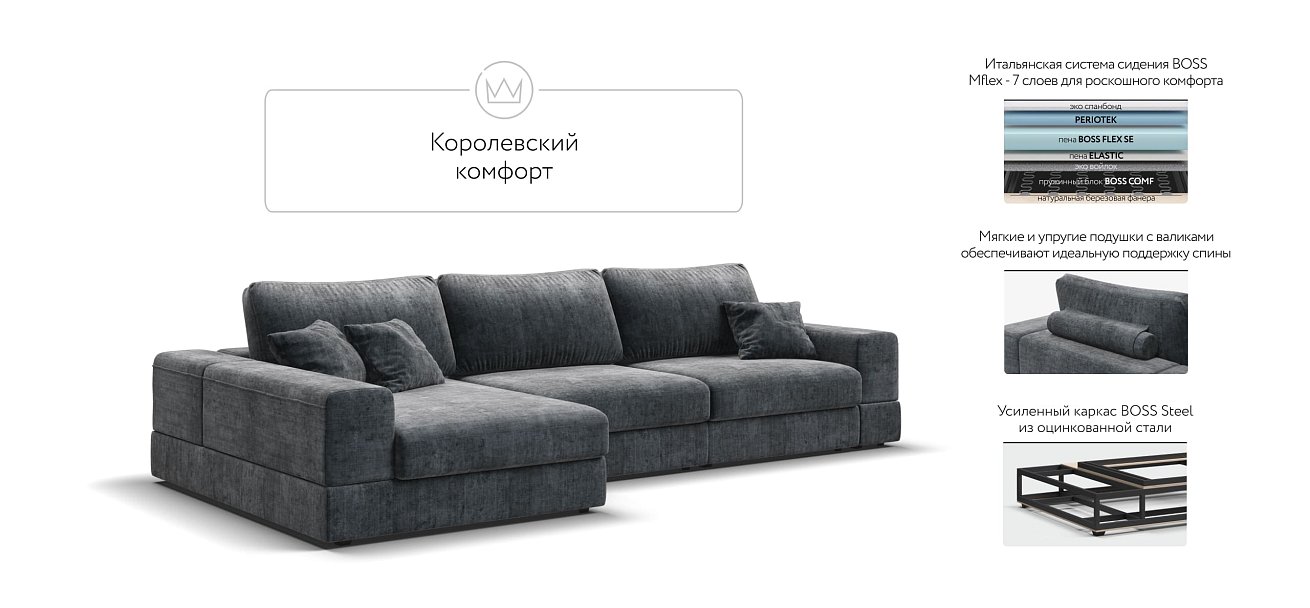 Угловой диван-кровать Босс Модуль XL левый, мягкие подлокотники, Шенилл Глосс карбон