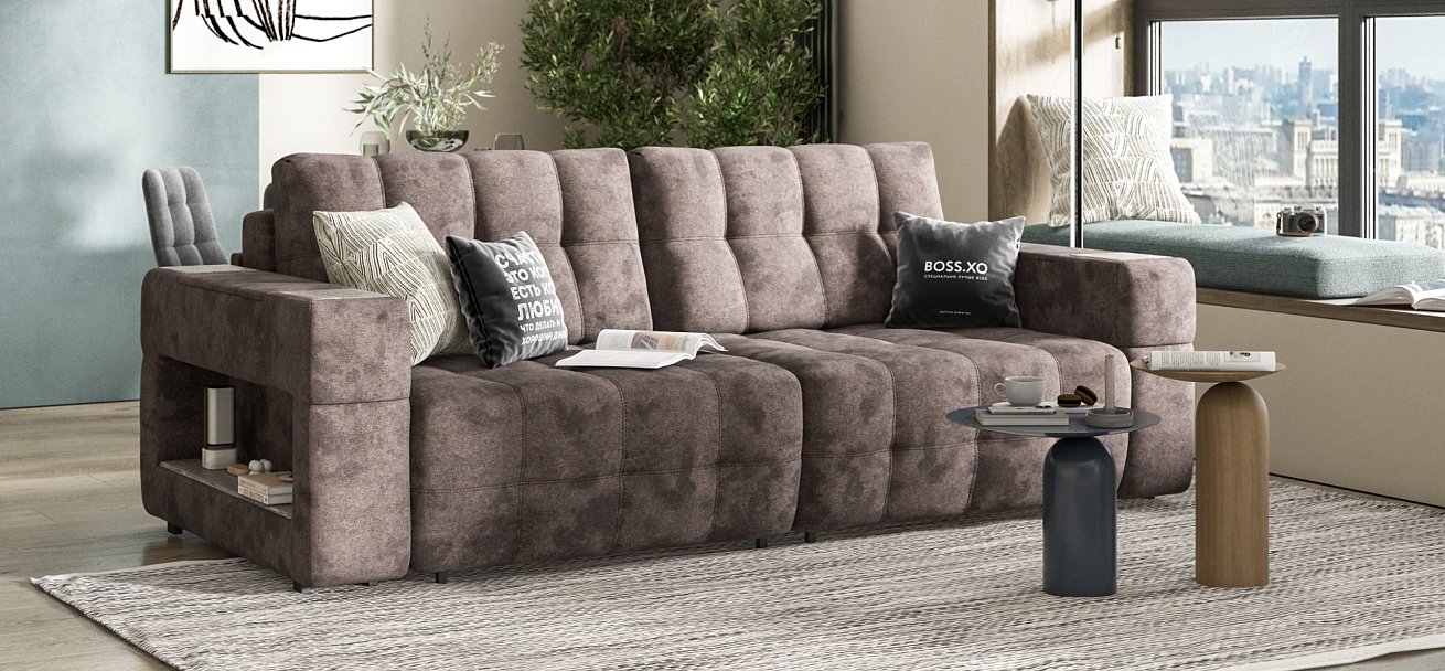 Диван BOSS.XO велюр Alkantara серый / WOOD Rock