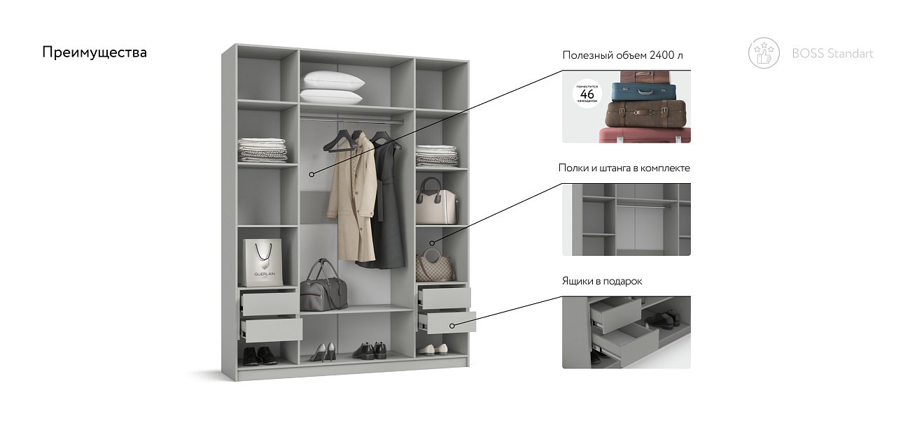 Шкаф BOSS STANDART 180 - 4Д Шиншилла серая
