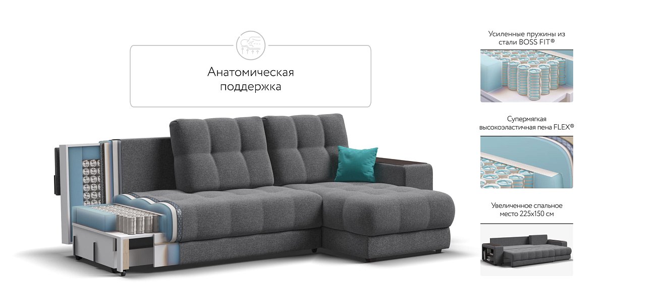 Угловой диван BOSS 3.0 XL рогожка Malmo серый