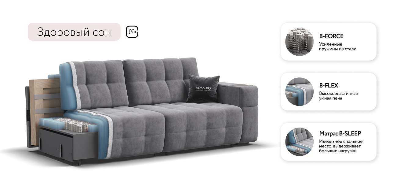 Диван BOSS.XO Велюр Роял агат / WOOD Rock