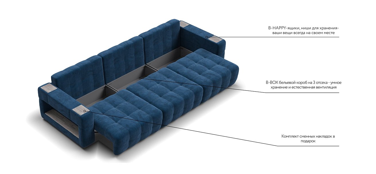 Диван BOSS.XO MAX велюр Monolit синий / WOOD Rock