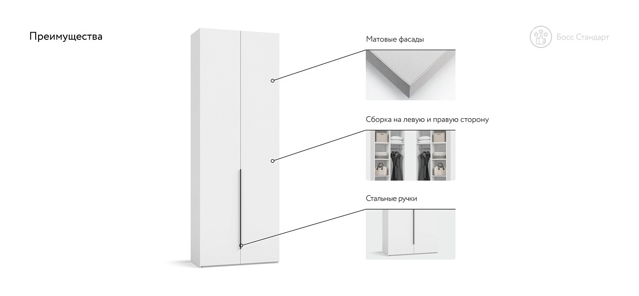 Босс Стандарт 80*236 шкаф распашной 2Д+ящики Белый