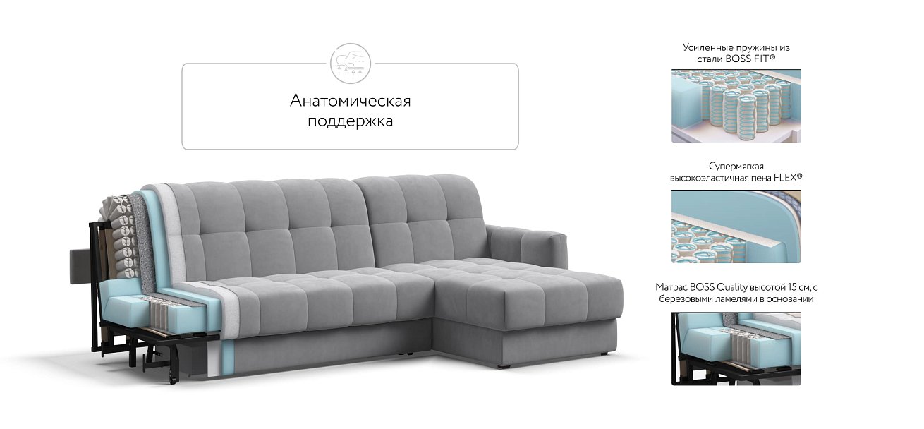 Угловой диван BOSS Sleep 160 велюр Monolit сталь