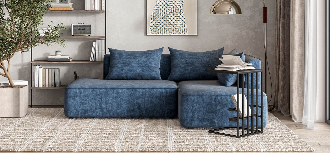 Кинг Твин угловой диван Велюр Роял синий правый