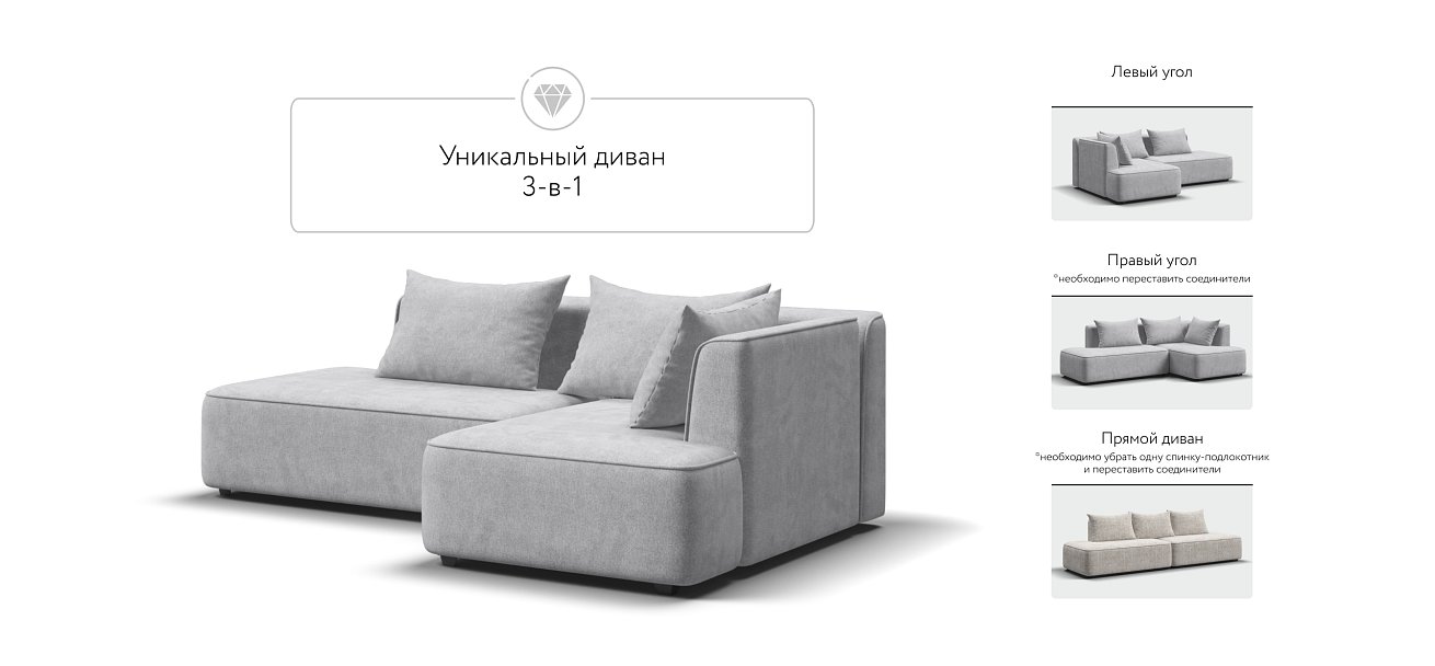Кинг Твин угловой диван Шенилл Клауд серый правый