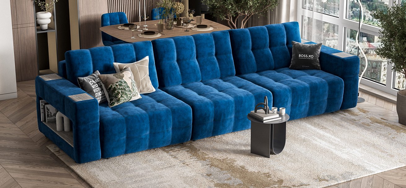 Диван BOSS.XO MAX велюр Monolit синий / WOOD Rock