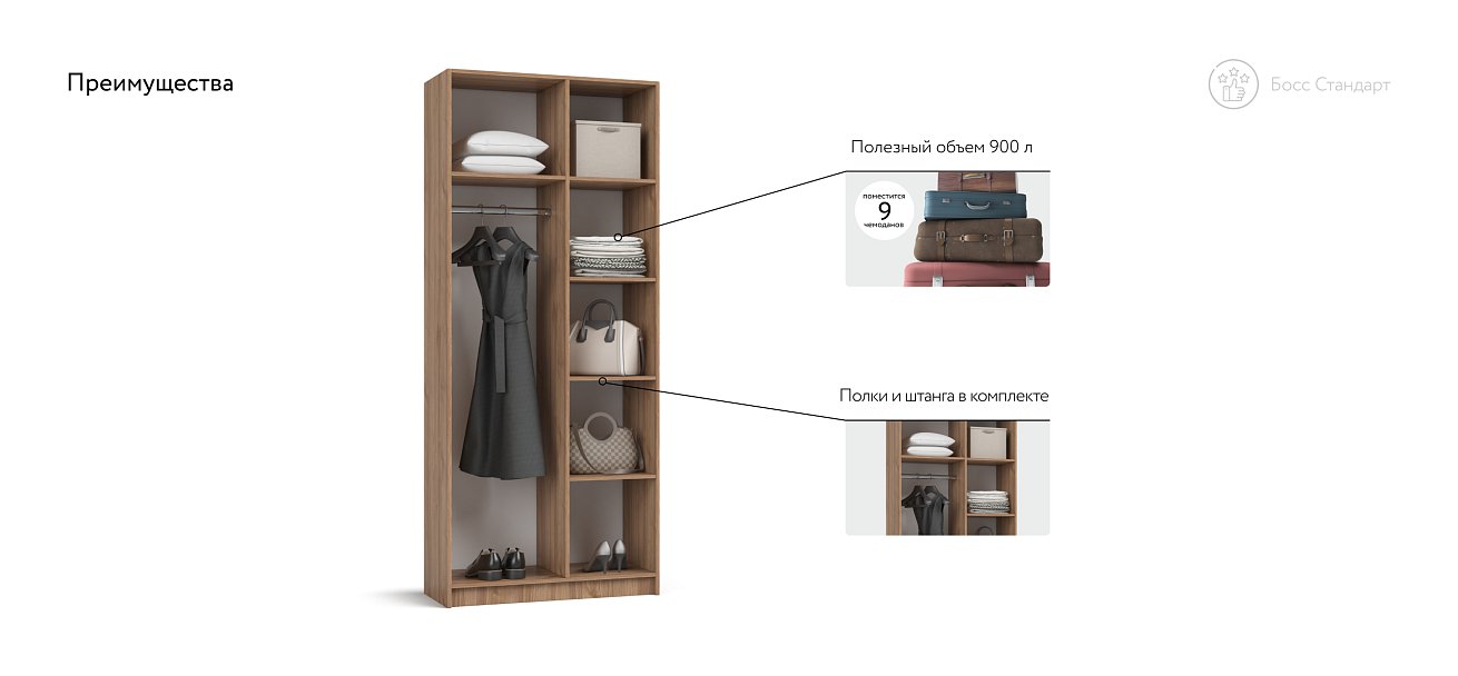 Босс Стандарт 90*220 шкаф распашной 2Д Орех Селект
