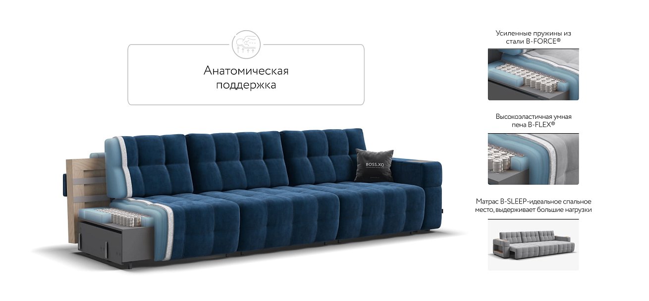 Диван BOSS.XO MAX велюр Monolit синий / WOOD Rock