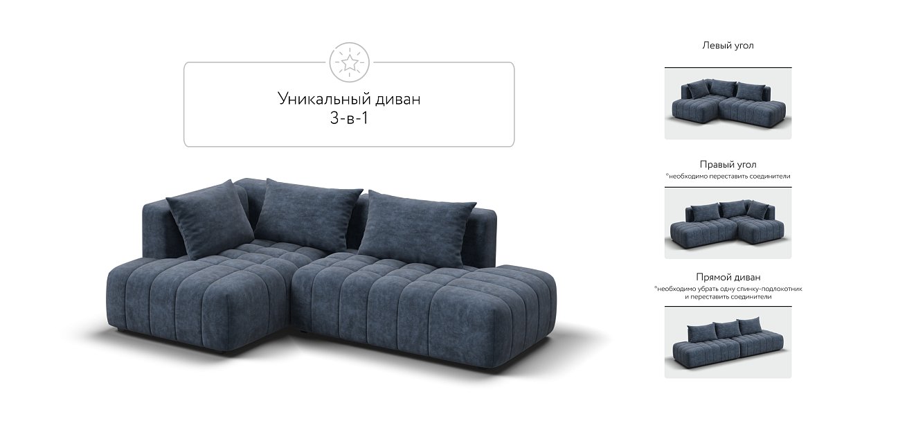 Босс Твин угловой диван левый Велюр Роял синий