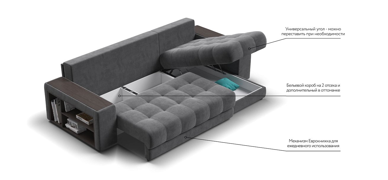 Угловой диван BOSS 3.0 XL велюр Monolit серый