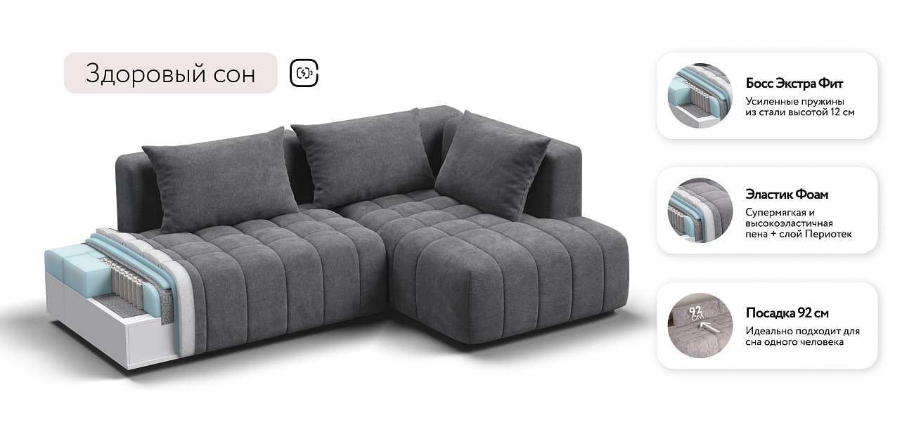 Босс Твин угловой диван правый Шенилл Клауд графит