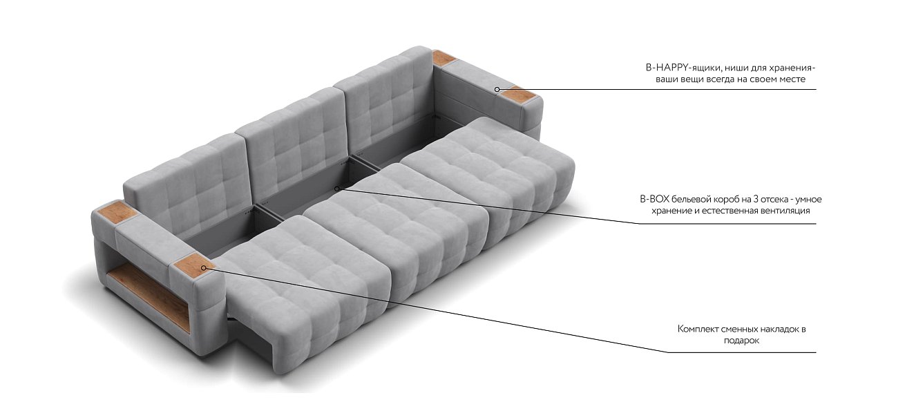 Диван BOSS.XO MAX велюр Monolit сталь / WOOD Smok