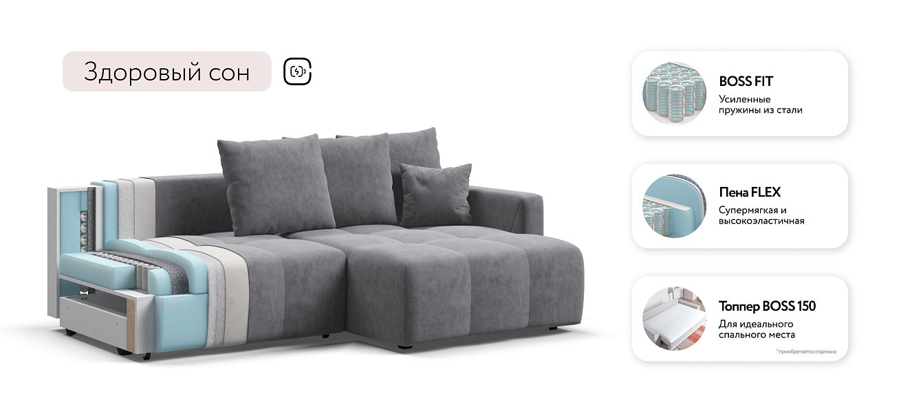 Угловой диван BOSS TREND Велюр Royal агат