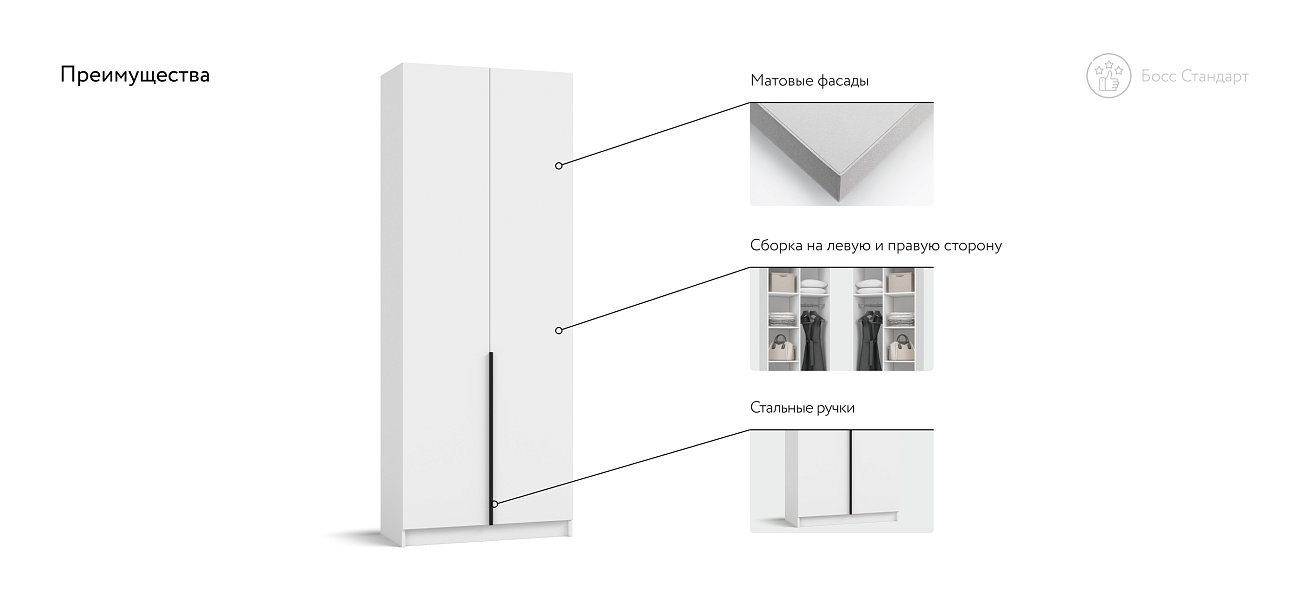 Босс Стандарт 80*220 шкаф распашной 2Д Белый