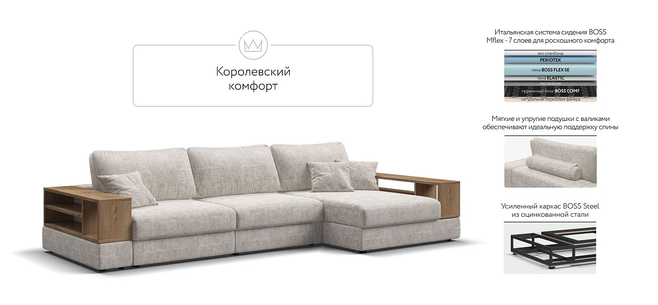 Угловой диван-кровать Босс Модуль XL правый, две полки, Шенилл Смарт кварц