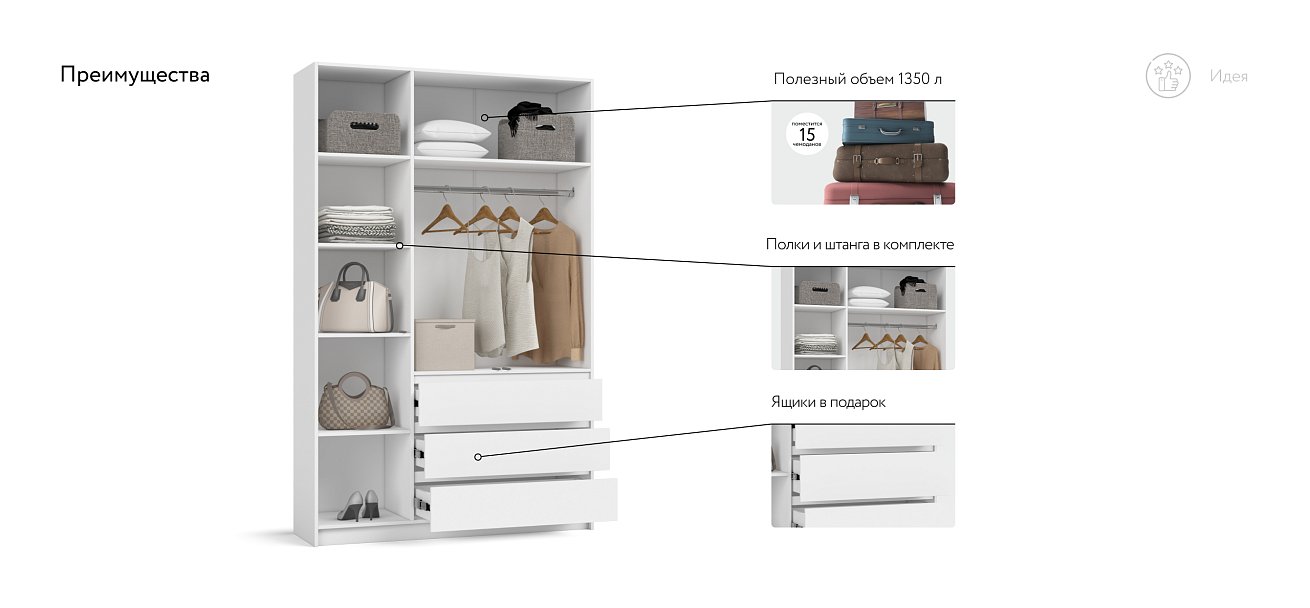 Идея 135 шкаф распашной 3Д+ящики Белый