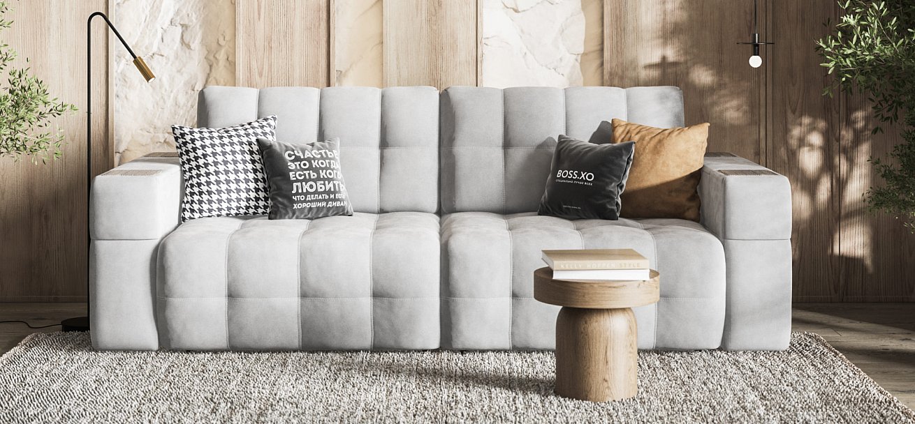 Диван BOSS.XO велюр Monolit сталь / WOOD Smok
