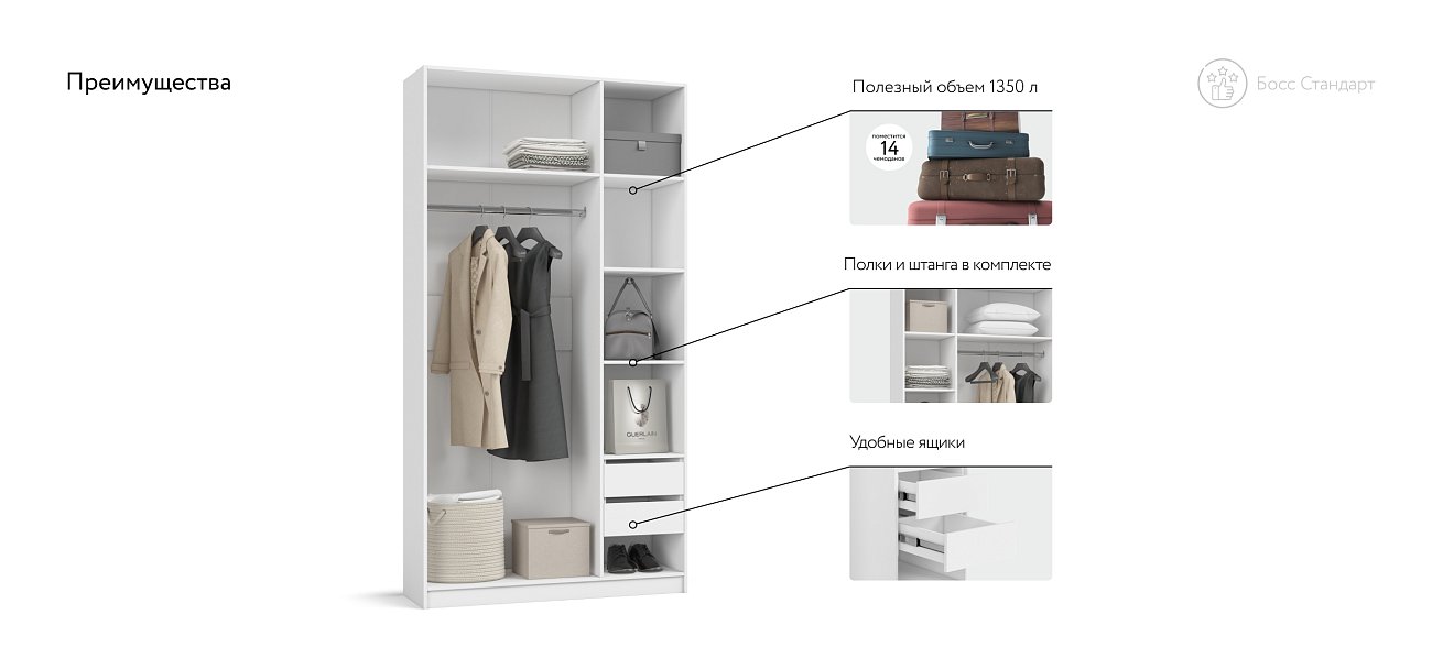 Босс Стандарт 120*236 шкаф распашной 3Д+ящики Белый