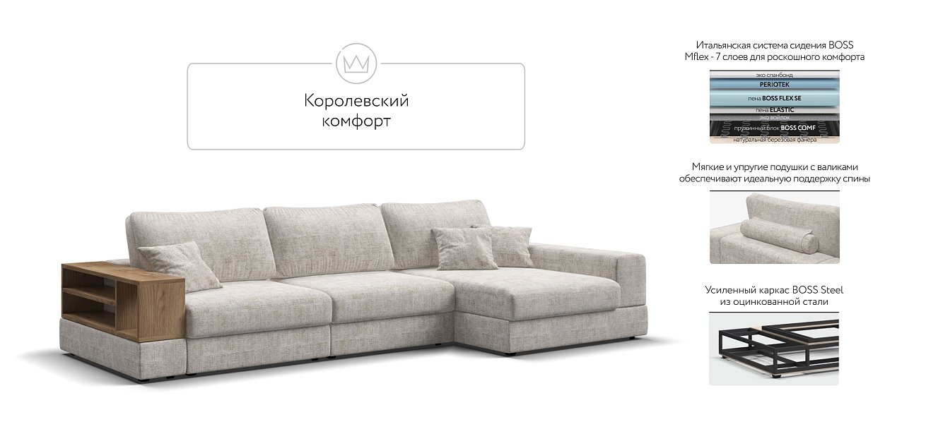 Угловой диван-кровать Босс Модуль XL правый, полка слева, Шенилл Смарт кварц