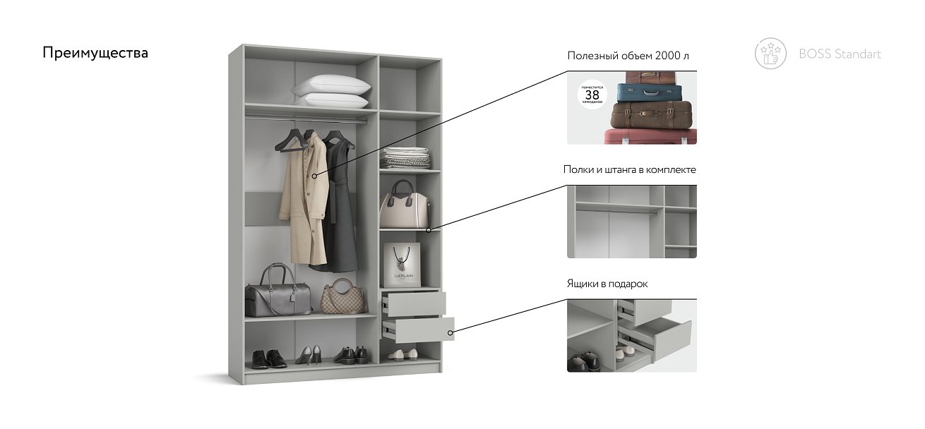 Шкаф BOSS STANDART 150 - 3Д Шиншилла серая