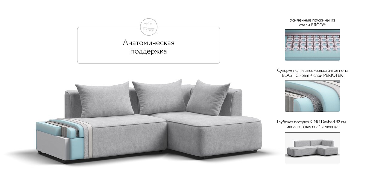 Кинг Твин угловой диван Шенилл Клауд серый правый