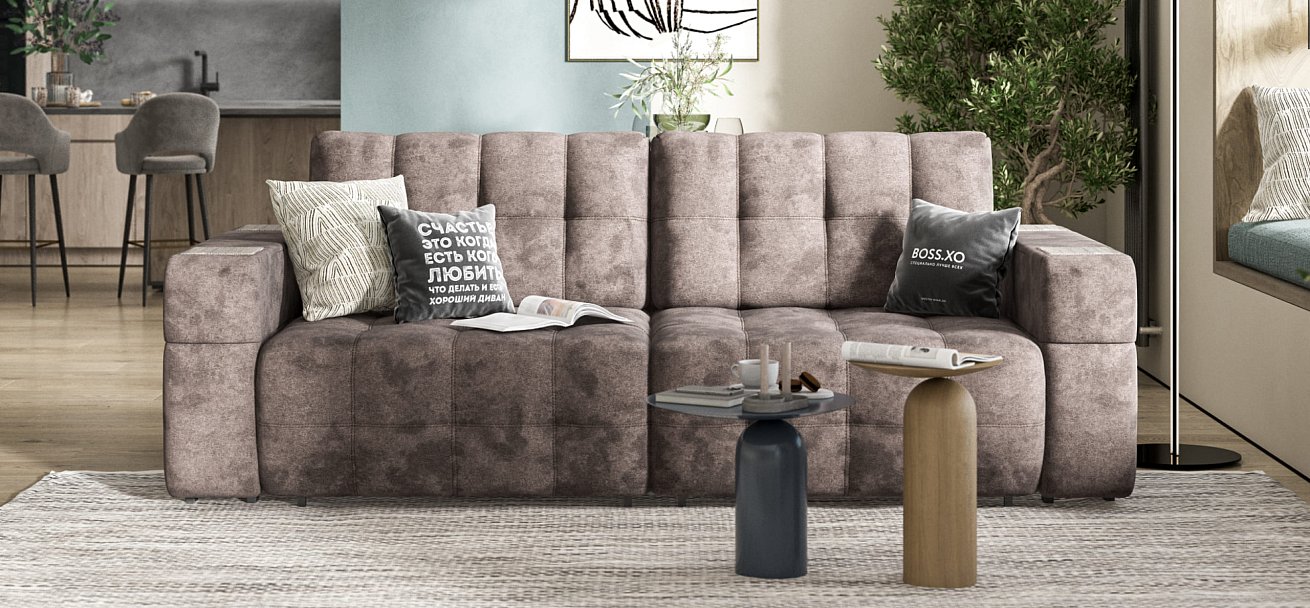 Диван BOSS.XO велюр Alkantara серый / WOOD Rock