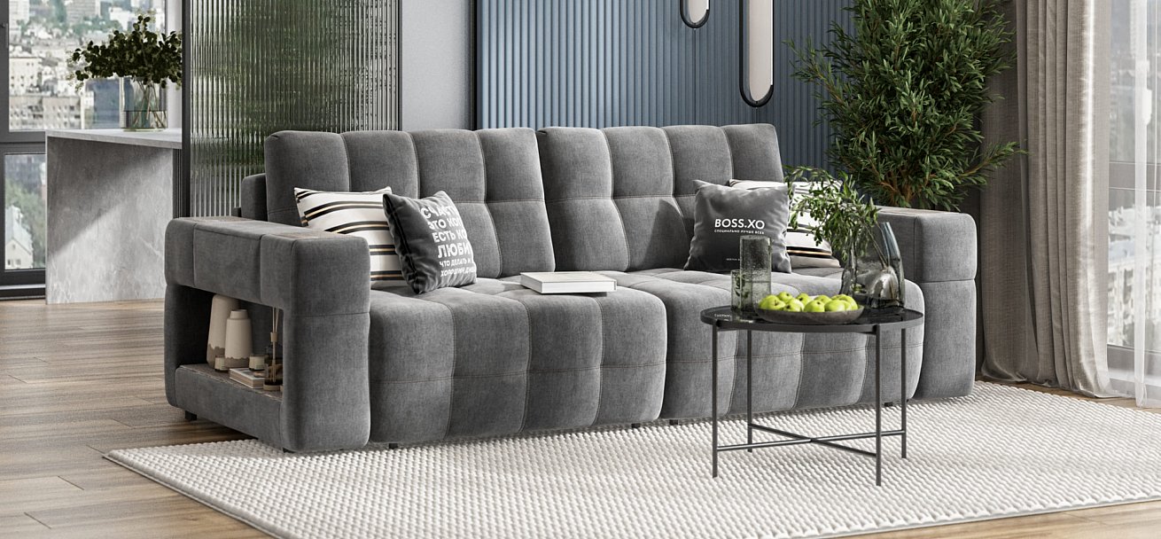 Диван BOSS.XO велюр Monolit серый / WOOD Rock