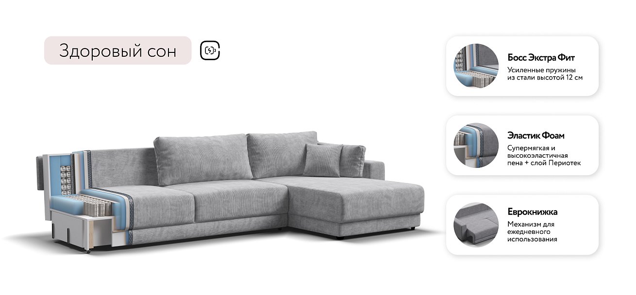 Угловой диван Босс Прайм Макс Вельвет CORD серый