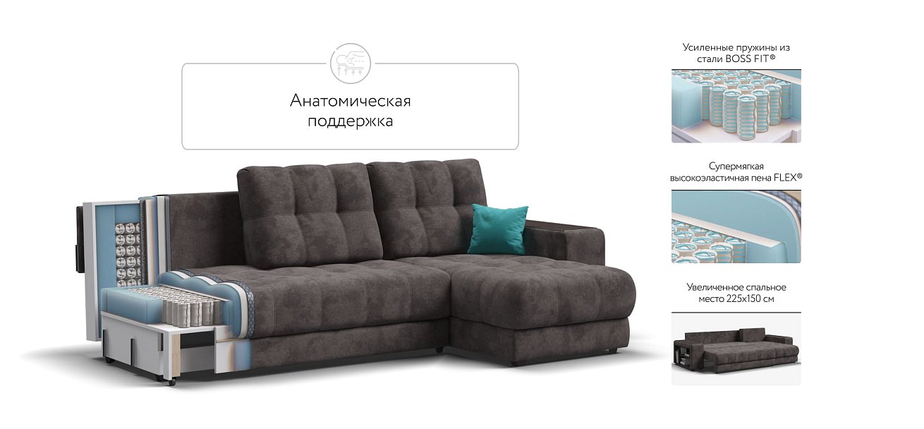Угловой диван BOSS 3.0 XL велюр Alkantara серый