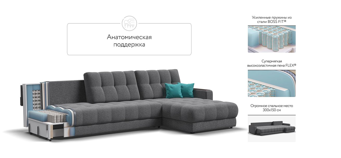 Угловой диван BOSS 3.0 MAX рогожка Malmo серый