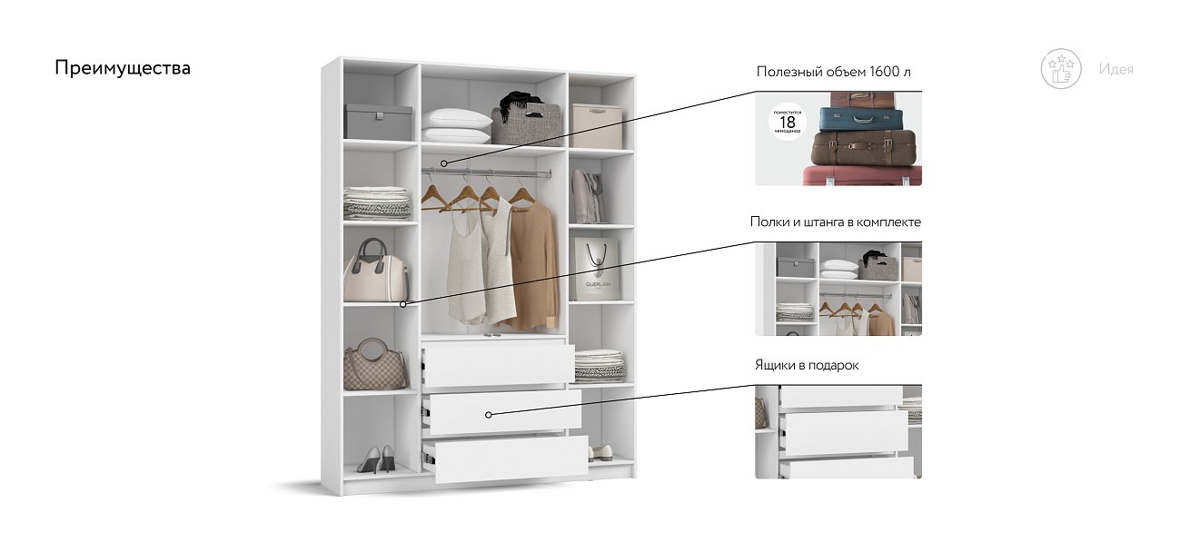Идея 160 шкаф распашной 4Д+ящики Белый
