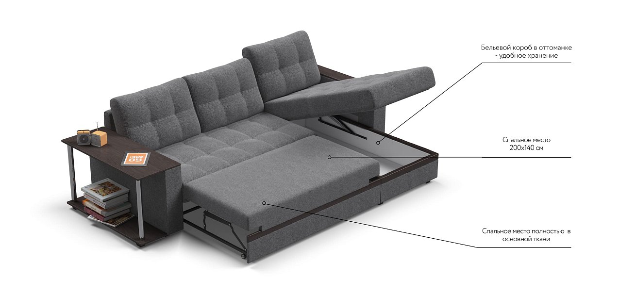 Угловой диван Атланта НПБ рогожка Malmo серый