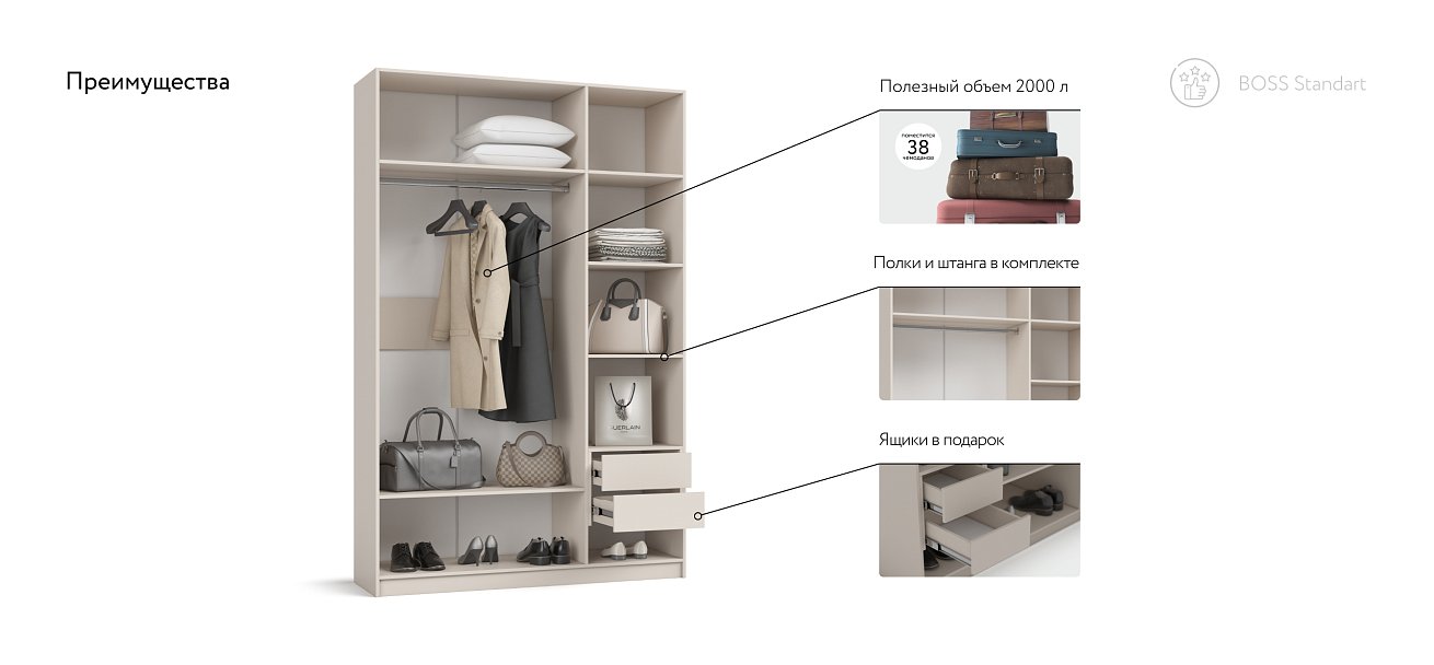 Шкаф BOSS STANDART 150 - 3Д Кашемир серый