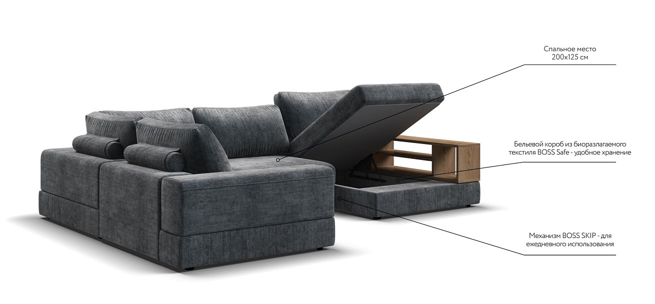 П-образный диван-кровать Босс Модуль левый, полка справа, Шенилл Глосс карбон