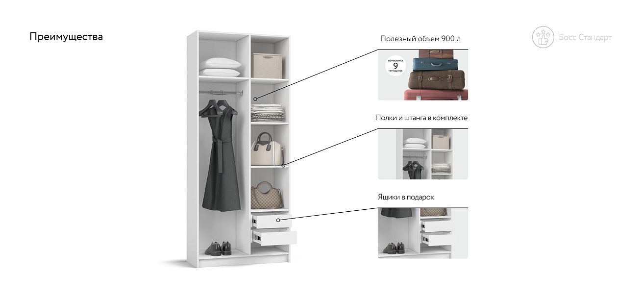 Босс Стандарт 90*220 шкаф распашной 2Д + ящики Белый
