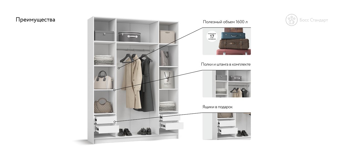 Босс Стандарт 160*220 шкаф распашной 4Д + ящики Белый