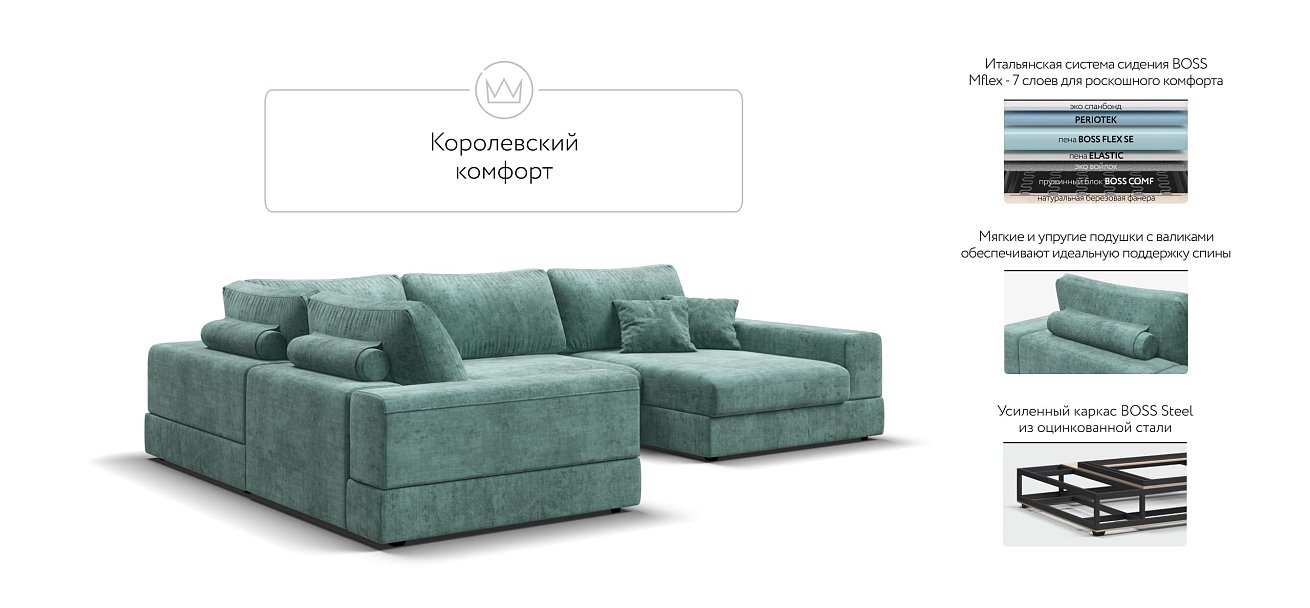 П-образный диван-кровать Босс Модуль левый, мягкие подлокотники, Шенилл Глосс минт