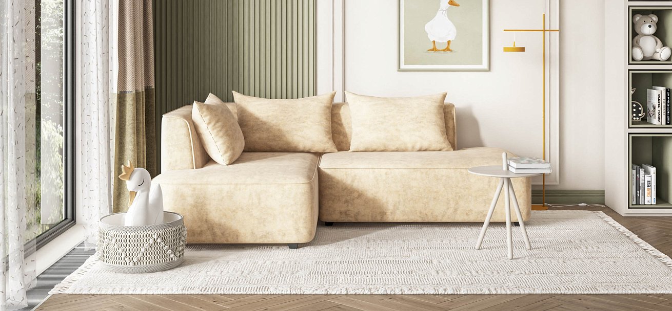 Кинг Твин угловой диван Велюр Роял шампань левый