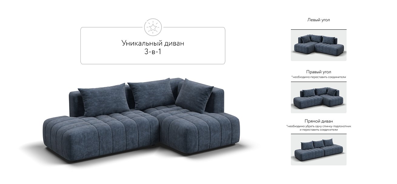 Босс Твин угловой диван правый Велюр Роял синий