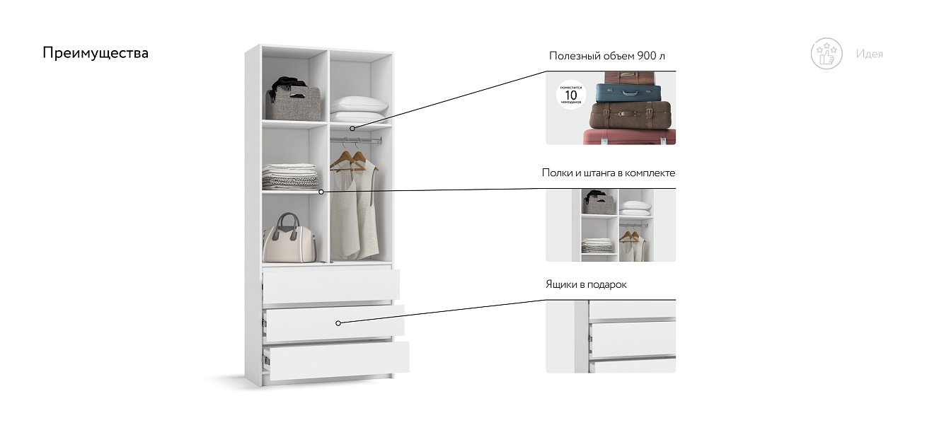 Идея 90 шкаф распашной 2Д+ящики Белый