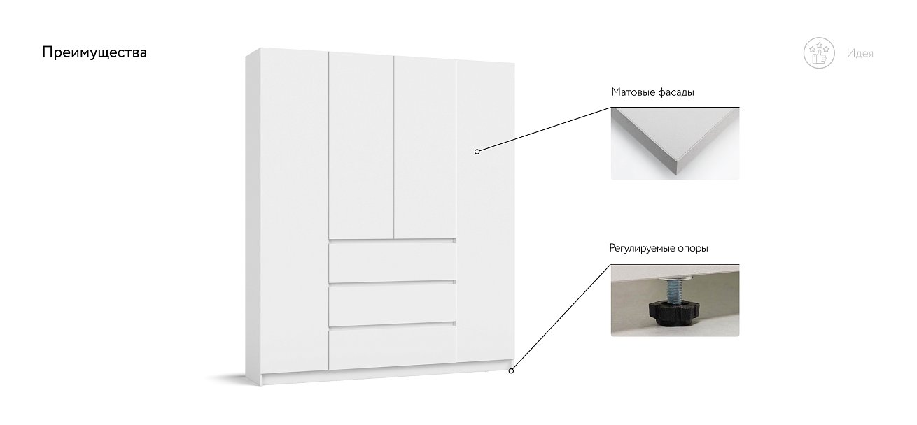 Идея 180 шкаф распашной 4Д+ящики Белый