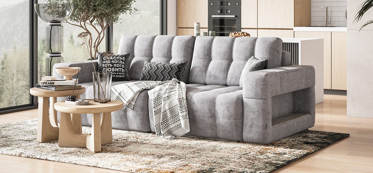 Диван BOSS.XO велюр Monolit сталь / WOOD Smok